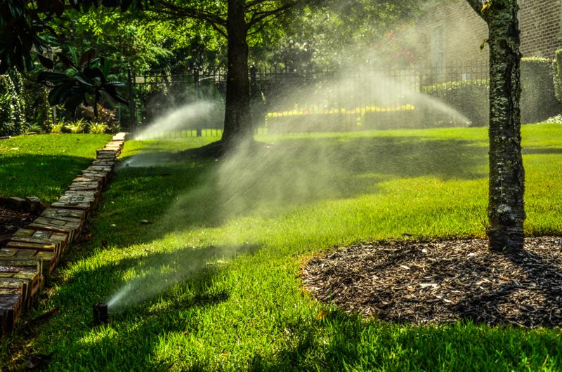 Sprinkler irrigation watering a Cape Cod lawn